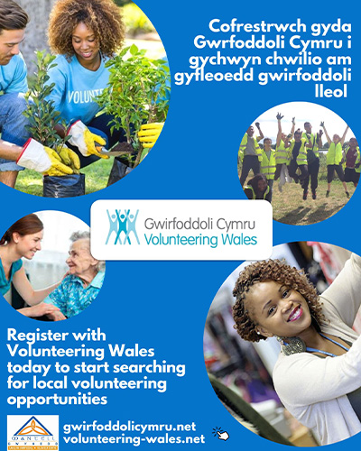 Poster Gwirfoddoli Cymru - Cofrestrwch gyda Gwirfoddoli Cymru i gychwyn chwilio am gyfleoedd gwirfoddoli lleol